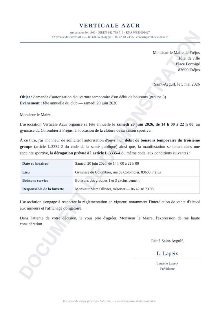 Demande d'autorisation de buvette temporaire adressée au maire par une association (document de démonstration filigrané)