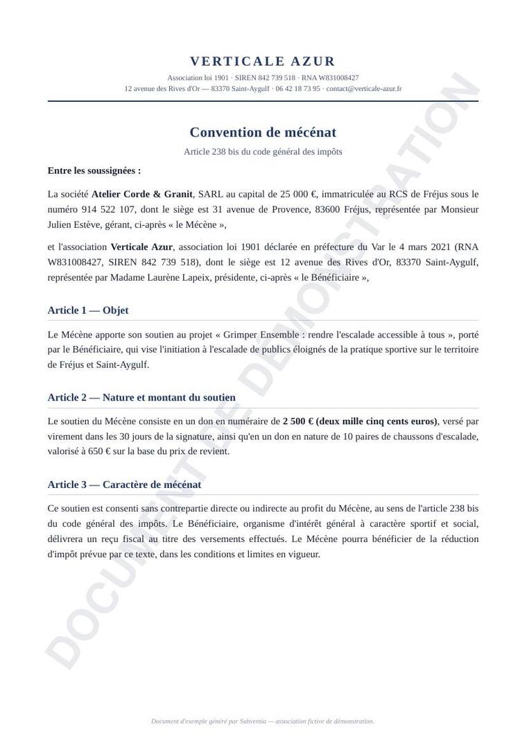 Convention de mécénat entre une association et une entreprise mécène (document de démonstration filigrané)