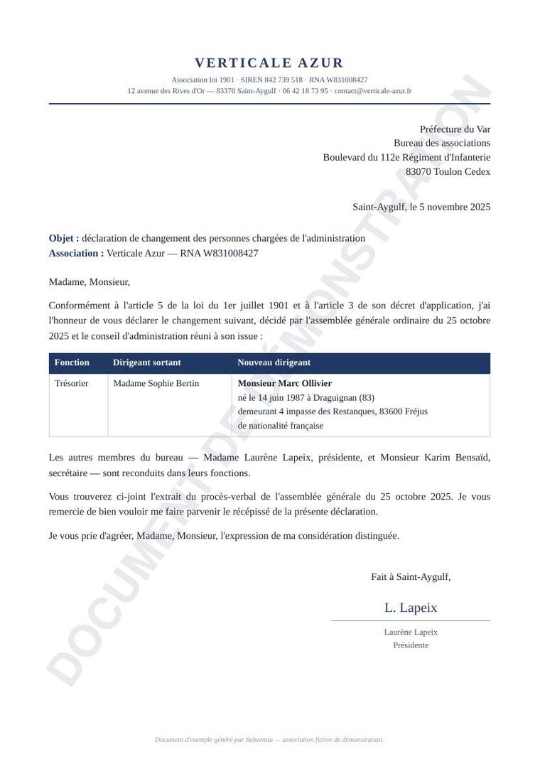 Déclaration adressée au greffe des associations en préfecture par une association (document de démonstration filigrané)