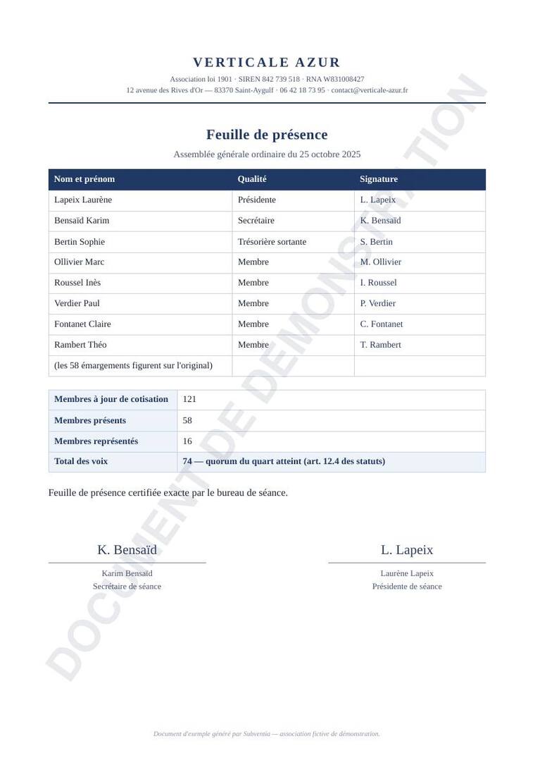 Feuille de présence d'assemblée générale d'association, avec quorum et signatures (document de démonstration filigrané)