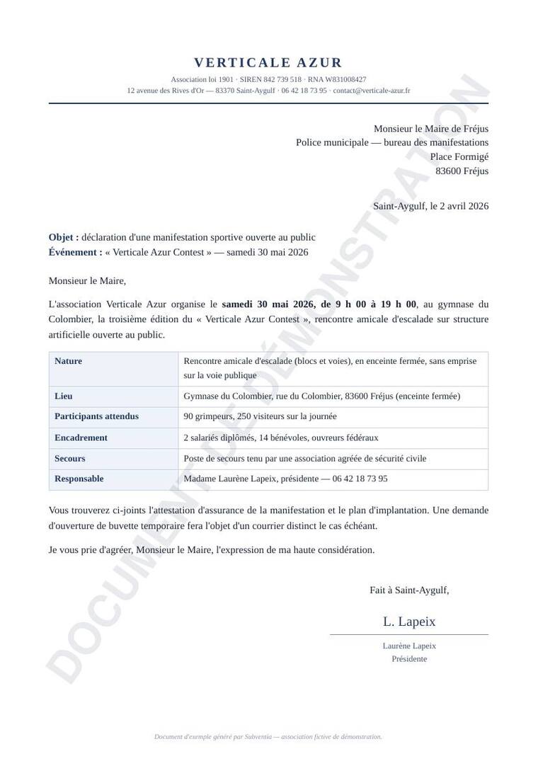 Déclaration de manifestation sportive préparée par une association (document de démonstration filigrané)