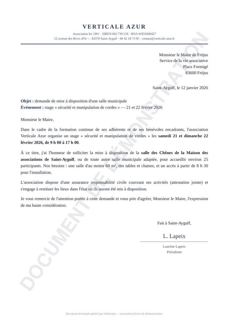 Courrier de demande de salle municipale adressé au maire par une association (document de démonstration filigrané)